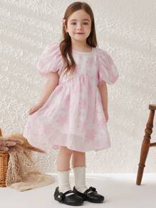 Blossori Abito elegante con maniche a palloncino, scollo tondo, vita segnata e gonna a-line per ragazze, in stile francese rosa intrecciato, adatto per primavera/estate - Rosa - Visualizzare 7