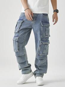 Chillumni Men's Casual Washed Straight Leg Cargo Jeans