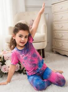SHEIN Young Girls Simple Tie-Dye Pattern Ruffle Hem Round Neck Short Sleeve Top And Pants Comfy 2 Pieces Pajama Set