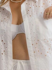 Aralina Curve Embroidery Summer Vacation Beach Short-Sleeve Button-Front Blouse - White - View 3