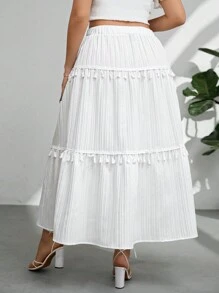 SHEIN Privé Plus Size White Maxi Skirt: Bohemian Tassel Trimmed Long Summer Skirt For Women - White - View 2
