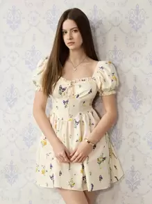 SHEIN MOD Cream Summer Casual Flowy Party Floral Short Dress,Ruffle Front Tie Puff Sleeve Bohemian Vacation Brunch Elegant Graduation Easter Dress For Women - Apricot - View 1