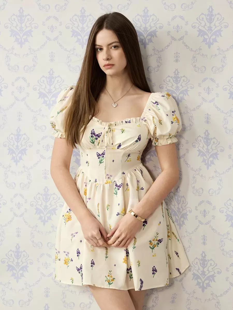 SHEIN MOD Cream Summer Casual Flowy Party Floral Short Dress,Ruffle Front Tie Puff Sleeve Bohemian Vacation Brunch Elegant Graduation Easter Dress For Women - Apricot - View 1