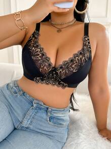 SHEIN 1pc Plus Size Women Lace Patchwork Underwire Bra, Comfortable - Multicolor - View 5