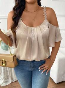 SHEIN Frenchy Plus Size Women's Elegant Simple Ruched Floral Splice Metallic Coating Hollow Shoulder Blouse,Summer Shirts