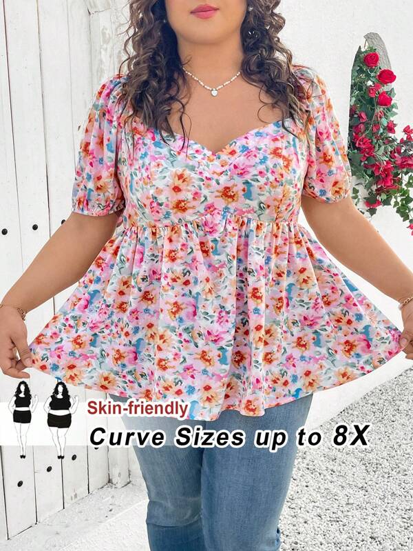 SHEIN CURVE+ Camisa holgada de mujer talla grande con mangas abullonadas, cuello cuadrado y estampado floral de florecitas, estilo de vacaciones