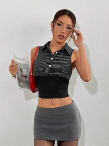SHEIN EZwear 女式撞色条纹修身无袖纽扣背心 - 黑色 - 查看 6