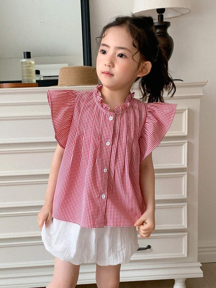 2pcs/Set Young Girl Girls Retro Cute Gingham Shirt With Frill Trim And Shorts, Summer Outfit