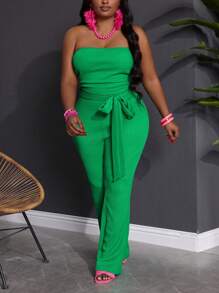 Slaydiva Wakacje Casual Nowy 2025 Elegancki i seksowny i wakacyjny styl Kobiety Plus Size Solidny zielony bandeau prążkowany materiał Kombinezon Elegancki wakacje Wiosna/Lato