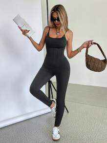 SHEIN Essnce 女士黑色连体裤纯色优雅女士休闲纯色无袖修身连体裤 - 黑色 - 查看 4