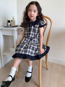 DAZY Young Girls' Plaid Bow Decor Ruffled Hem Cute Dress - Navy Blue - View 4
