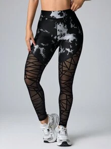 Gameset SHEIN Sport 女士扎染印花几何网眼拼接紧身裤瑜伽裤 - 黑色 - 查看 2