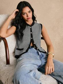 Poéselle 新款撞色条纹针织背心，秋冬时尚女士针织马甲 - 黑色 - 查看 1