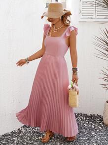 SHEIN Clasi Plus Size Women's Elegant Square Neck Bow Pleated Dress, Spring/Summer - Dusty Pink - View 4