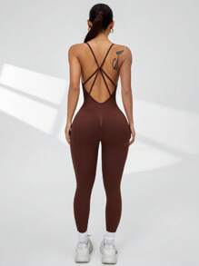 Slayform 女士交叉后背运动连体裤、瑜伽和健身运动服 - 咖啡棕 - 查看 2