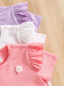 SHEIN 3pcs/Set Young Girl Knit Solid Color Round Neck 3D Flower Fitted T-Shirt - Multicolor - View 4