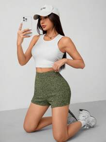 SHEIN PETITE Women Green Summer Marled Knit Biker Shorts Leggings - Army Green - View 4