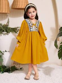 SHEIN Patch Tape Embellished Long Sleeve A-Line Dress, Vacation Look For Young Girls - Yellow - View 6