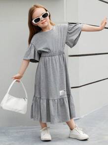 2 件套：少女纯色针织修身圆领 T 恤和修身针织裙 - 灰色 - 查看 1