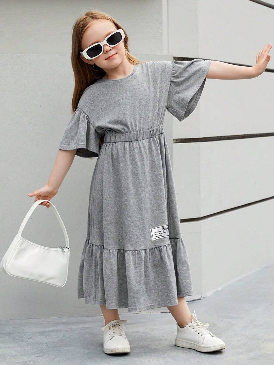 2 件套：少女纯色针织修身圆领 T 恤和修身针织裙 - 灰色 - 查看 1