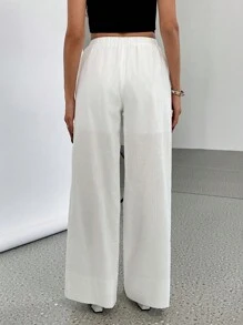 SHEIN Essnce 女式亚麻棉质阔腿裤，带口袋 | 春夏休闲舒适版型松紧腰带抽绳透气休闲旅行白色 (2025) - 白色 - 查看 2