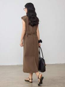 Dazy-Less Business Casual Waist Belt Decor Waist Cinching Ladies Denim Dress - Brown - View 5