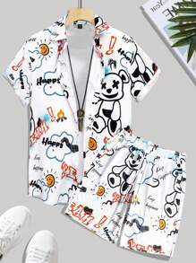 Manfinity RSRT Cartoon Print Short Sleeve Shirt And Shorts Set For Men (Asymmetric Print) Men Vacation Shirts Shirts For Beach Men Men Beach Shirts, Cartoon Shirt Men,Men Casual Cartoon Pattern Printed Short-Sleeve Shirt Suit,Perfect As Gifts For Boyfriends Or Husbands." Men Shorts Set ,Men Two Pieces Outfits ,"Beach Vacation Outfit Coordination"