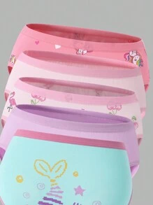 Young Girl 6 Pairs Retro-Style Cute Pixel Unicorn, Mermaid, Flamingo Print Panties Back To School Fashion