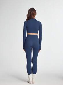 SHEIN Sports 女士纯色长袖上衣和紧身裤运动套装女士健身套装 - 霧霾藍 - 查看 2
