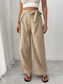 SHEIN Unity Women's Solid Color Casual Elegant Style Crepe Fabric Pleat Bowknot Straight Leg Pants - Brown - View 6