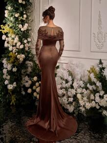 Glamrae 优雅奢华刺绣蕾丝贴花薄纱长袖弹力缎面美人鱼长裙，婚礼宾客礼服，适合婚礼、派对、节日、盛大晚宴、晚礼服、晚宴礼服、情人节等场合。 - 咖啡棕 - 查看 4