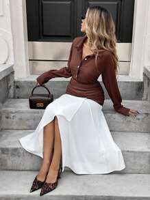 SHEIN Essnce Women Elegant Solid Color Long Sleeve Blouse With Color Block Ruched Skirt 2 Pieces Set - Multicolor - View 3