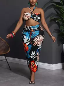Slaydiva Plus Size Vrouwen Tropische Bloemenprint Halter Hals Tank Top & Getailleerde Rok 2-delige Set, Geschikt Voor Strand Resort