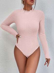 SHEIN Essnce 女士纯色荷叶边长袖休闲连体衣 - 粉色 - 查看 4