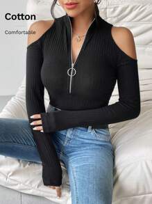 Siren Gaze ملابس علوية نسائية أنيقة طويلة الأكمام مفرغة مع سحاب نصفي في الياقة - الأسود - مشاهدة 2