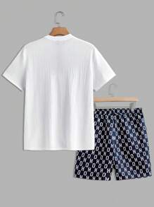 Manfinity VCAY 2 件男士针织修身休闲 Polo 衫和短裤套装，夏季 - 白色 - 查看 6