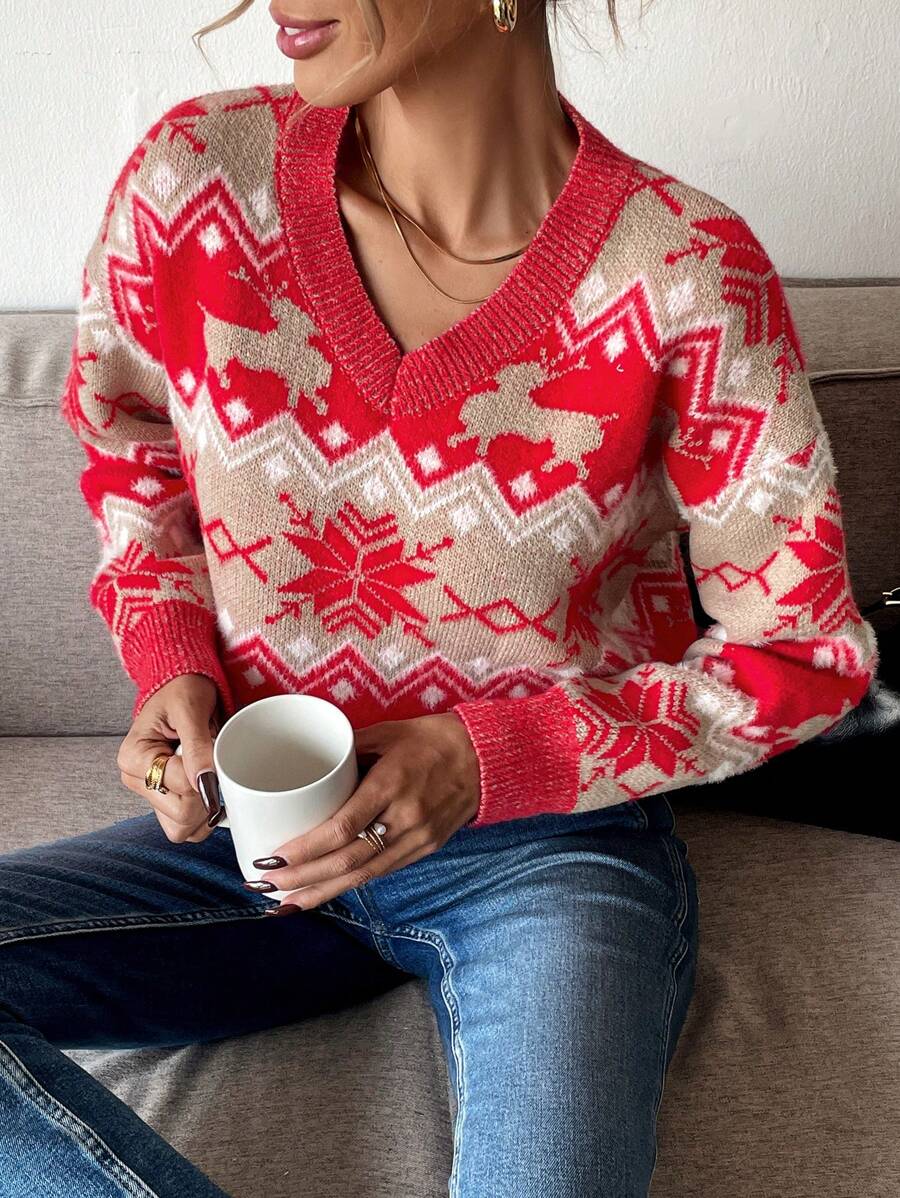 SHEIN Frenchy 女士休闲几何图案针织毛衣,秋冬 - 卡其色 - 查看 1