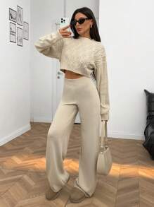 RueChic Women Airport Outfit Holiday Business Casual Spring Two Piece Set Beige Sweater And Knit Pant - Beige - View 1