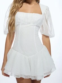 MISSGUIDED Dobby Mini Dress Milkmaid Puff Sleeve Square Neck Party Ruffle Hem Evening Wedding Guest Empire Waist Date Night Summer Spring - White - View 4