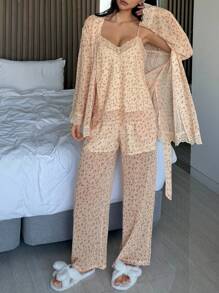 DAZY Conjunto de pijama de 3 piezas con bata, camiseta y pantalón largo con estampado de leopardo y encaje para damas