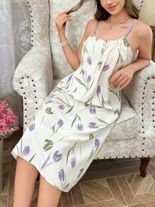 CottageSlumber Romantic Countryside Tulips Design Contrast Color Sleeveless Women Nightgown - White - View 3