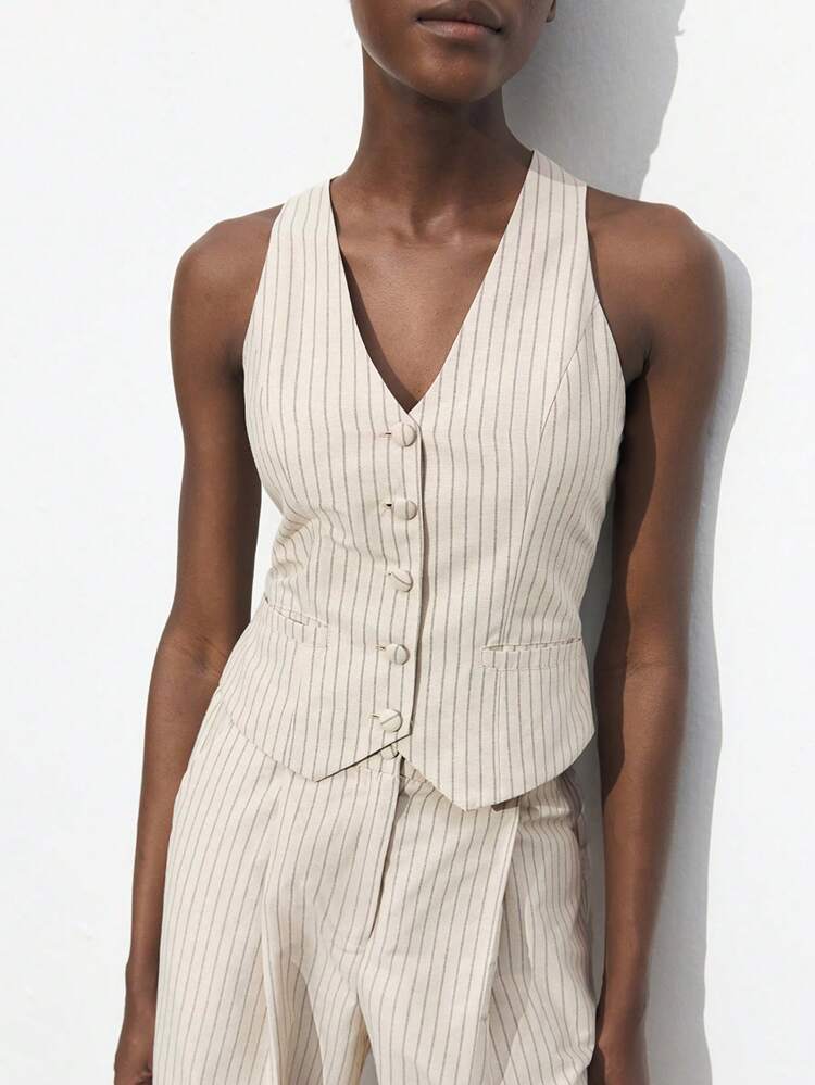 SHEIN Maija Women's Regular Khaki Striped Elegant Casual Top, Suitable For Daily, Romantic City, Holiday, Music Festival, Vintage Style, Spring/Summer