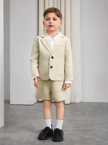 SHEIN 2pcs Young Boy British Gentleman Suit Set, Long Sleeve Blazer And Shorts, Fashion Outfit For Birthday Party, Banquet, Wedding, Baptism Anniversary - Khaki - View 3