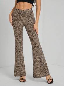 SHEIN Tall Women's Leopard Print Flare Pants, Fashion & Versatile - Brown - View 3