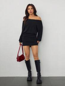 SHEIN Tall Women's Solid Color Asymmetric Neck Ruffle Midi Dress - Black - View 1