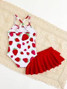 SHEIN 1 件女婴可爱草莓印花连体泳衣（含裙摆）
