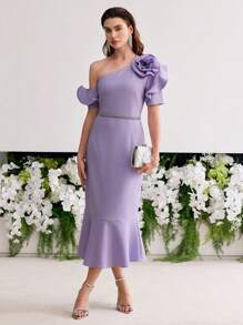 MOTF PREMIUM STEREO FLORAL BIAS CUT DRESS - Purple - View 4