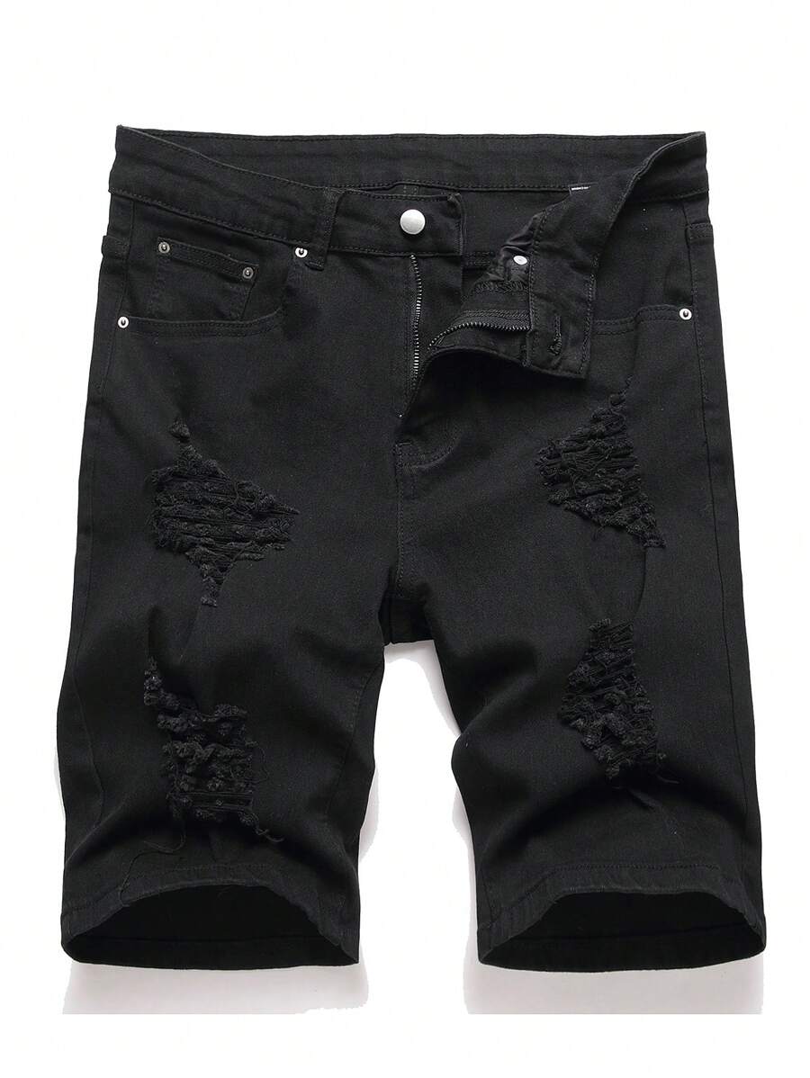 Manfinity Homme 男士休闲纯色破洞紧身牛仔短裤街头休闲都市休闲Emo风格 - 黑色 - 查看 1
