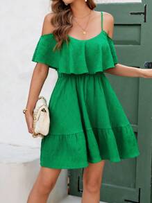 Ellevyn Green Summer Elegant Women's Textured Fabric Plaid Shoulder Strap With Ruffle Edge Collar And Waist Cinched A-Line Ruffle Hem Dress