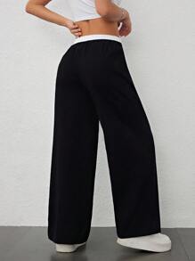 SHEIN PETITE Women's Corduroy Colorblock High Waist Pockets Wide Leg Loose Pants - Black - View 2